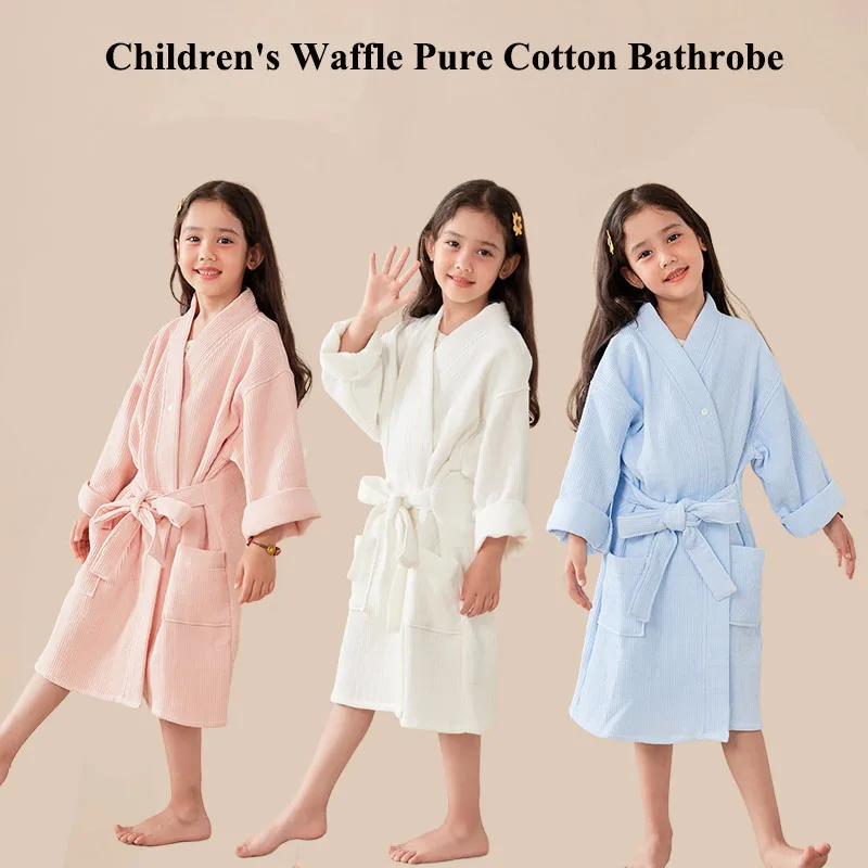 

children's Pure Cotton Waffle Robes Solid Bath robes Soft Warm Kids Thicken Sleepwear homewears with Belted for Girls Boys