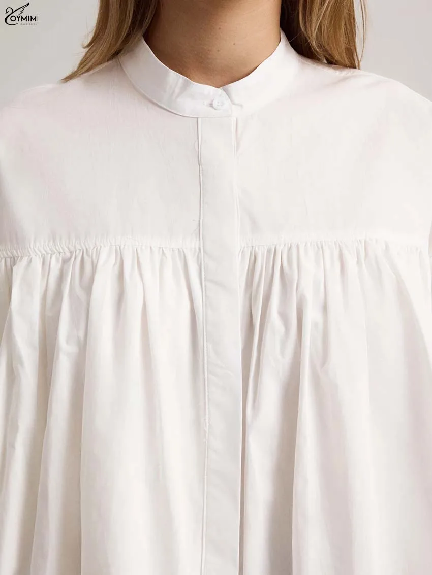 Oymimi Fashion White Loose Women's Shirt Summer O-Neck Puff Sleeve Single Breasted Shirts Casual Pleated Solid Blouse Streetwear