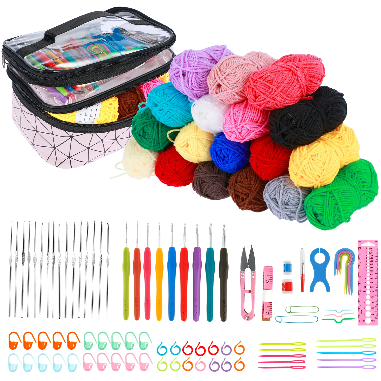 105Pcs Crochet Hook Kit Crochet Yarn Set 18 Color 900 Yards Yarn Balls Complete Crochet Starter Kit DIY Crochet Accessories Set