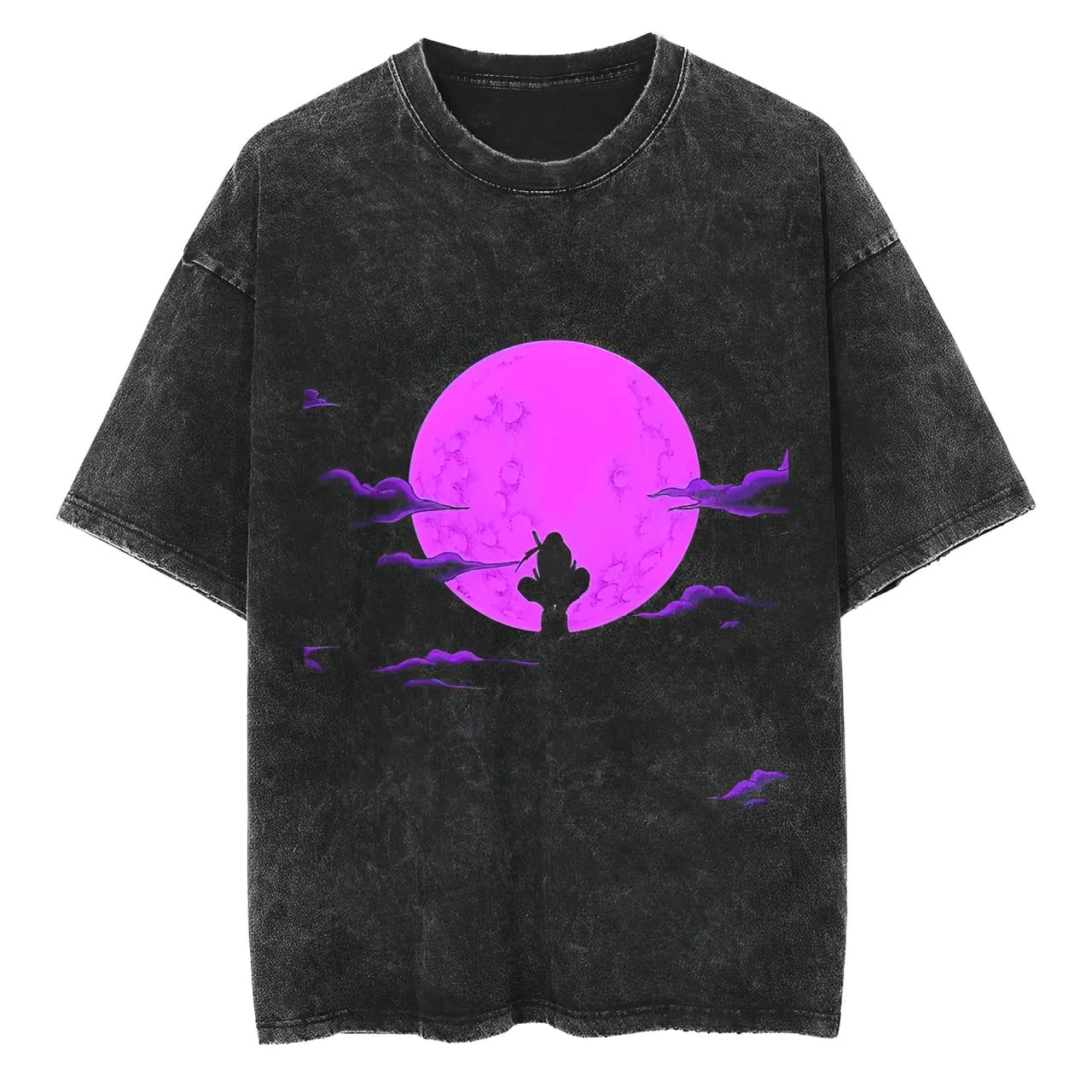 Itachi Uchiha T-Shirt Naruto Herren Acid Wash Lila Mond-Silhouette Anime Grafik Baumwolle Streetwear Manga Uchiha Clan Vintage Tee