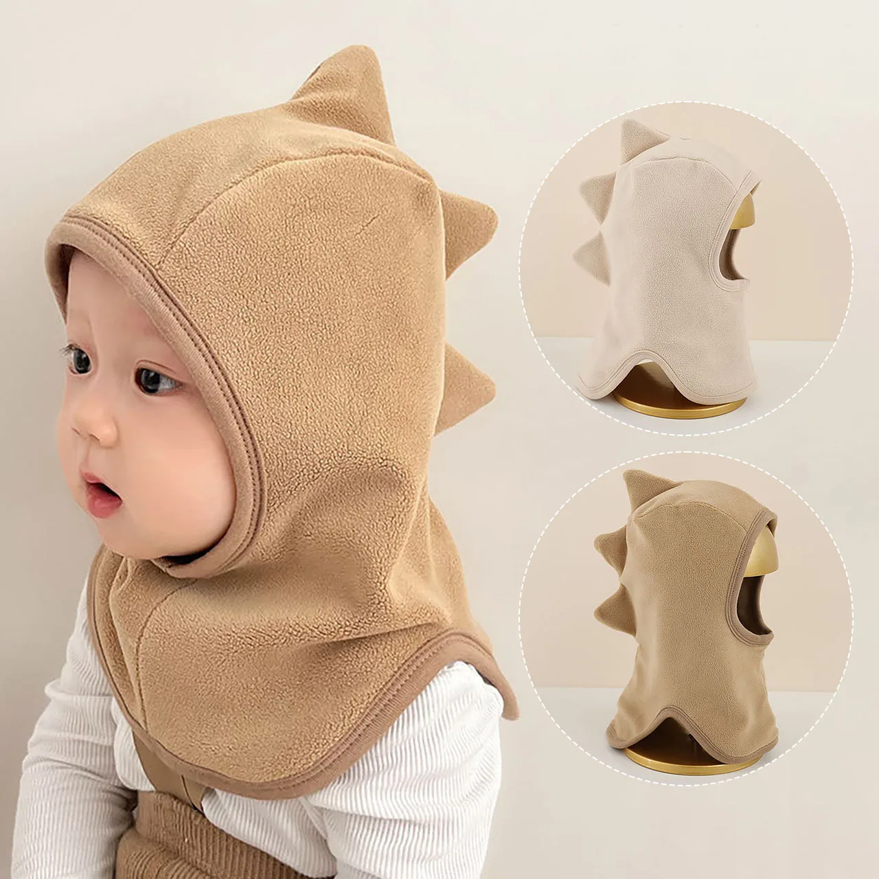 Kids Windproof One Piece Hats Winter Warm Solid Color Hooded Scarf Hats  Baby Earmuff  Cartoon Dinosaur Boy Girl Caps