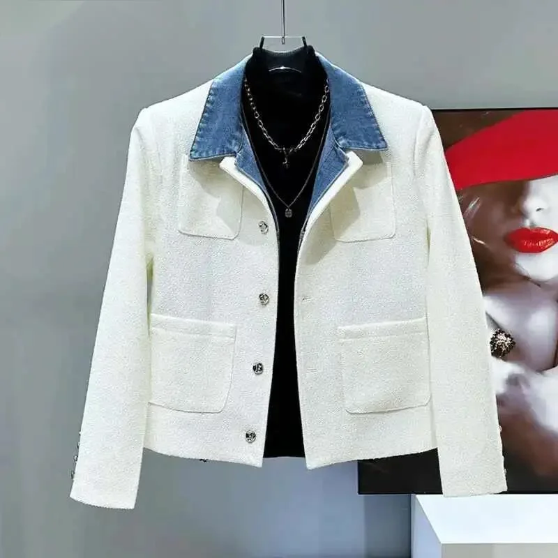 Niche Design Men's Coats Denim Patchwork Single Breasted Shoulder Pads Fake Two-piece Design Casual Male Jackest ZD39