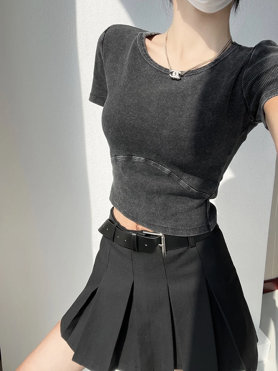 Retro Washed Short Sleeve round Neck T-Shirt Women's Spring Summer New Style Good Wear Design Short Quilted Slim Fit Top