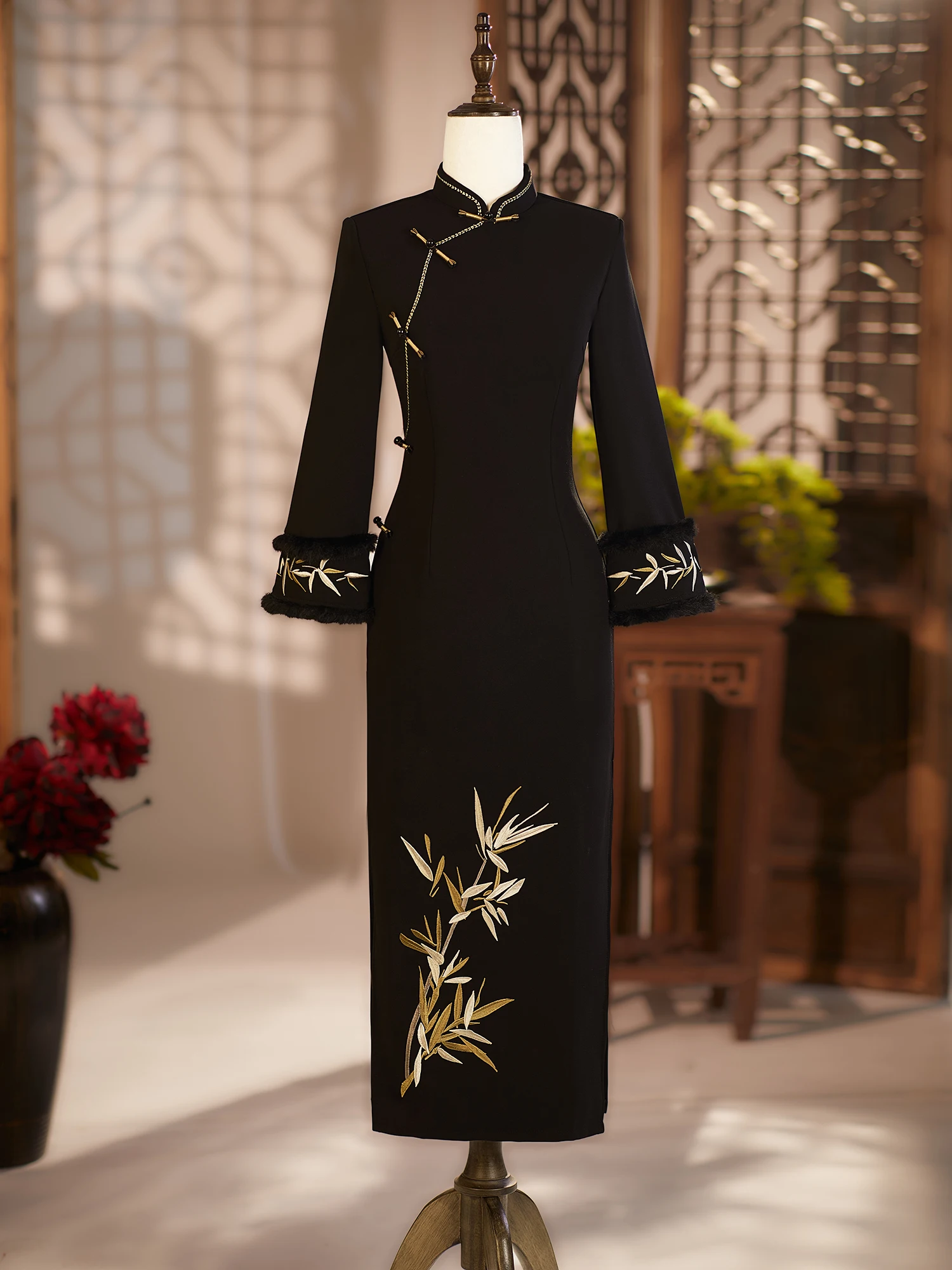 

Bla Long Sve Dr Winter Wear Women's Fce Lined Bamboo Le Design Traditional Chinese Sle Dr