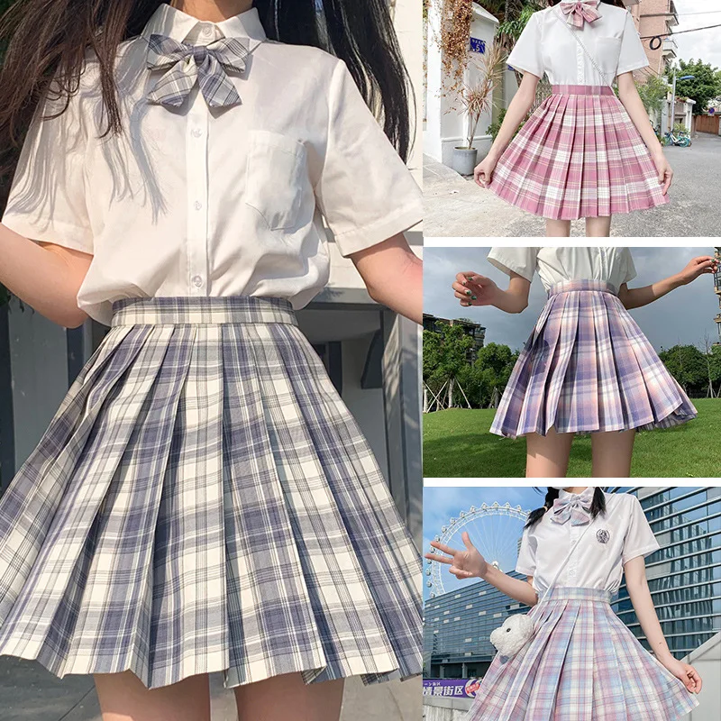 JK Uniform Skirt Spring and Autumn Short Sleeve Plaid Skirt Bow Tie Suit Full Set Japanese College Style Student