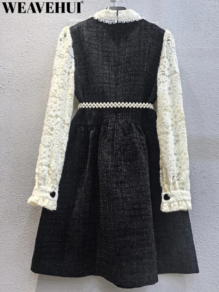 WEAVEHUI Princess Style Women's Dress O-Neck Long Sleeves Gingham Pattern Pearl Sashes Spring Autumn Mini Dress