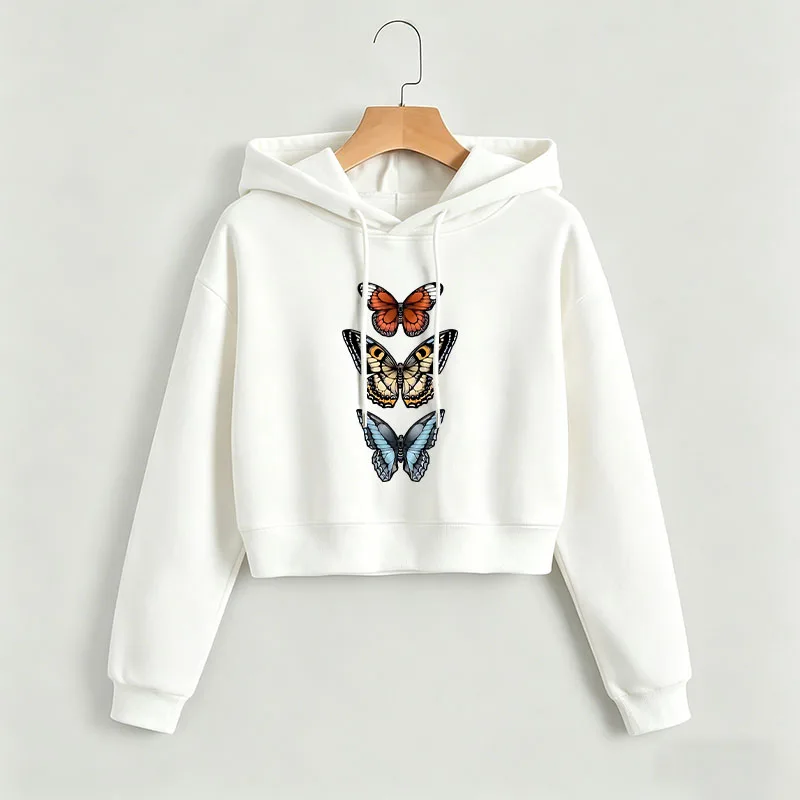 

Vintage Butterfly Print Autumn Winter Cropped Sweatshirt Crop Top Hoodie Y2k Sweatshirts Gothic Casual Style Clothes