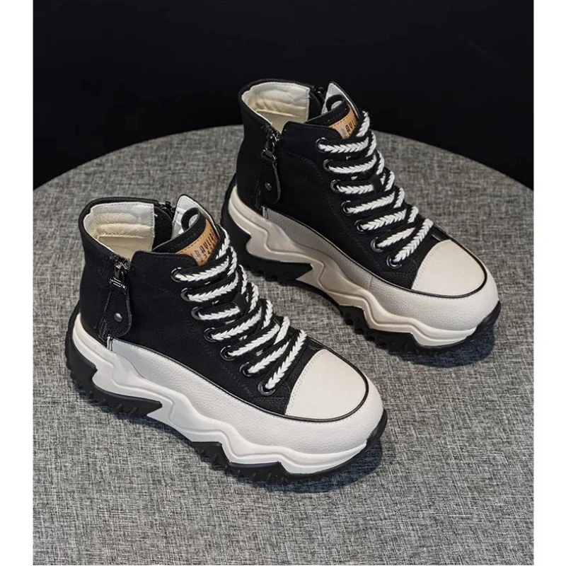 Baskets à plateforme en cuir véritable pour femmes, chaussures noires, bottes de maintien au chaud, bottines d\'hiver, printemps, automne, 2024