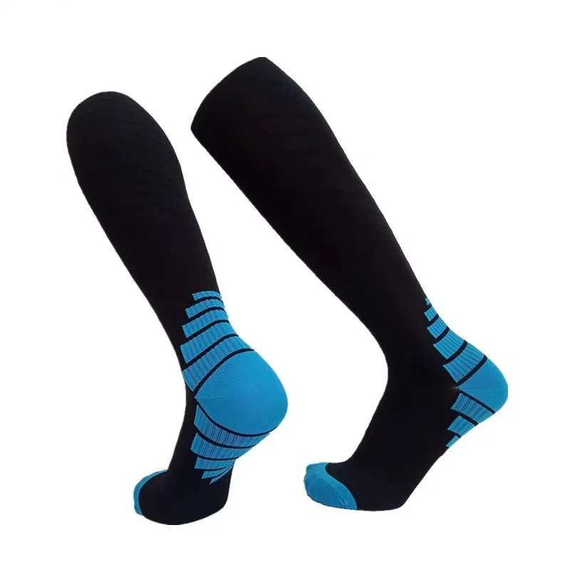 1 Pair Men's Black Blue Bottom Knee High Socks, Professional Athletic Compression Socks for Football Basketball