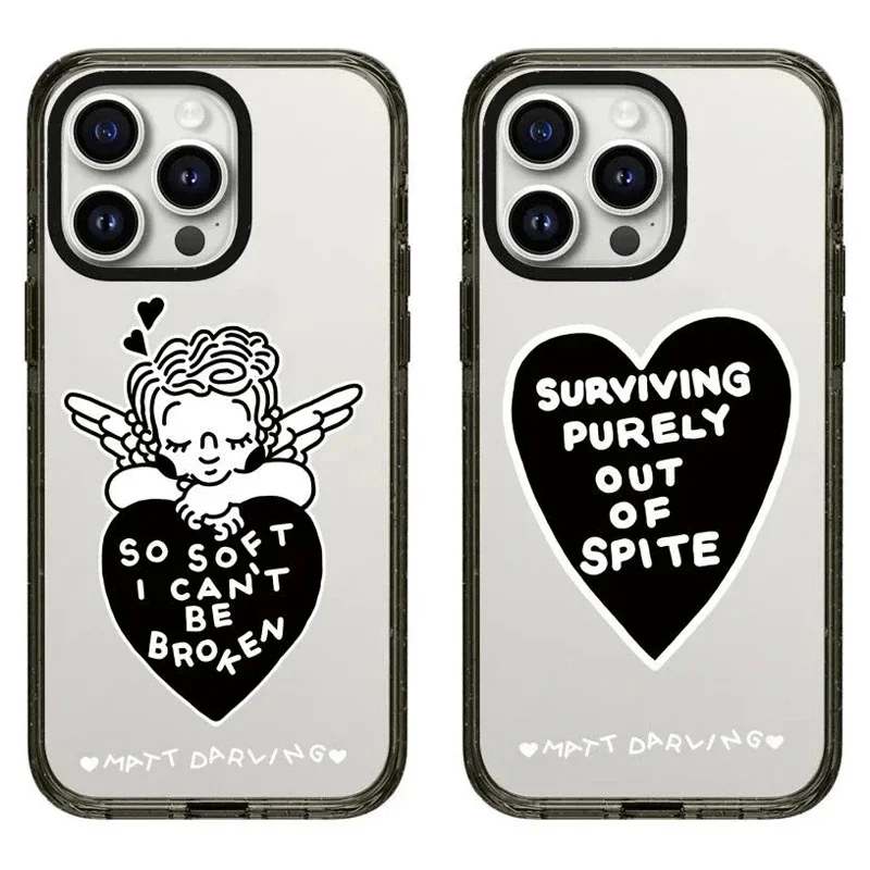 2.0 Acrylic Black Border Angel Heart Pattern iPhone 11 12 13 14 15 16 Pro Max Protective Case