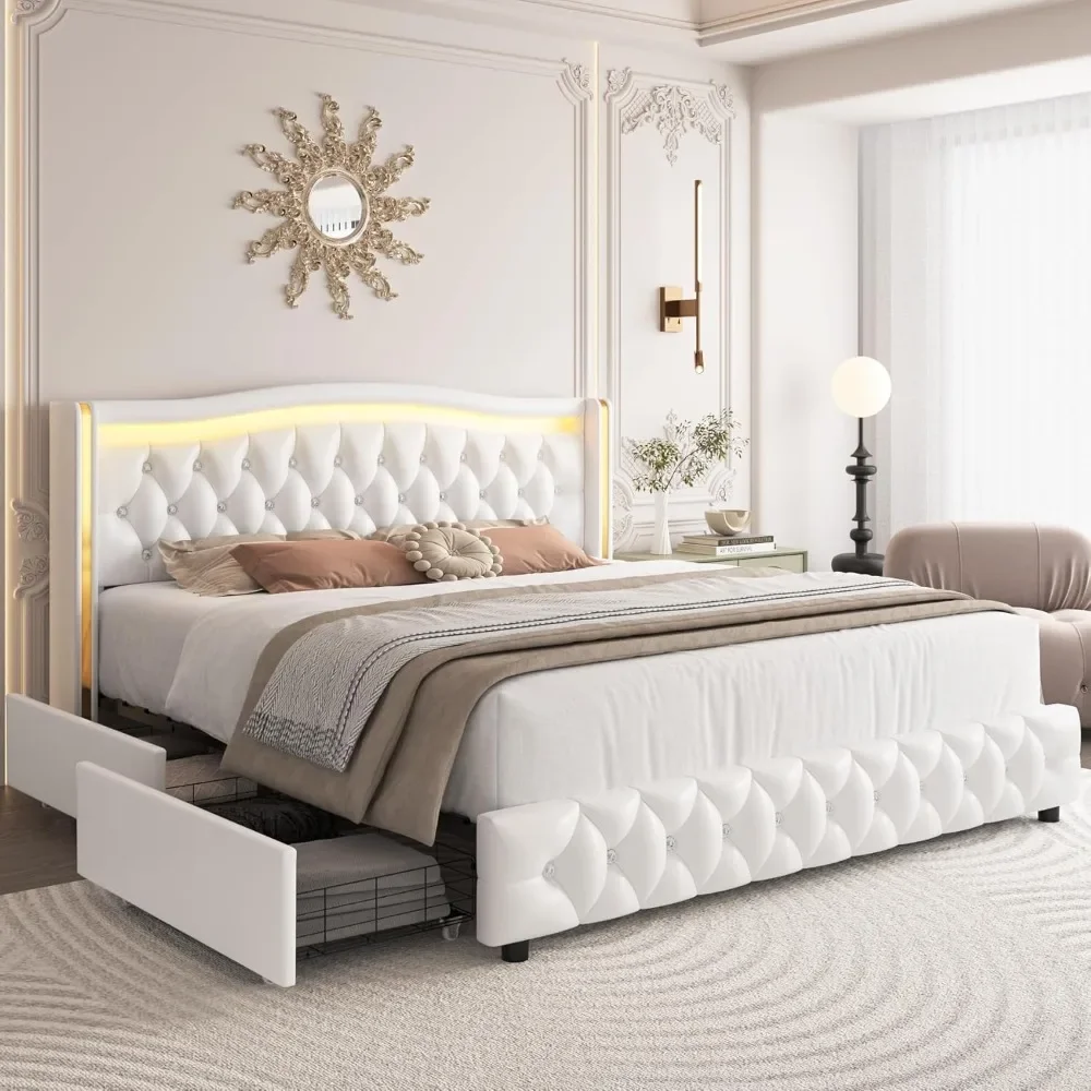 King Smart LED Platform Bed Frame with 4 Storage Drawer,Modern PU Upholstered White Bed Frame No Box Spring Needed/Easy Assembly