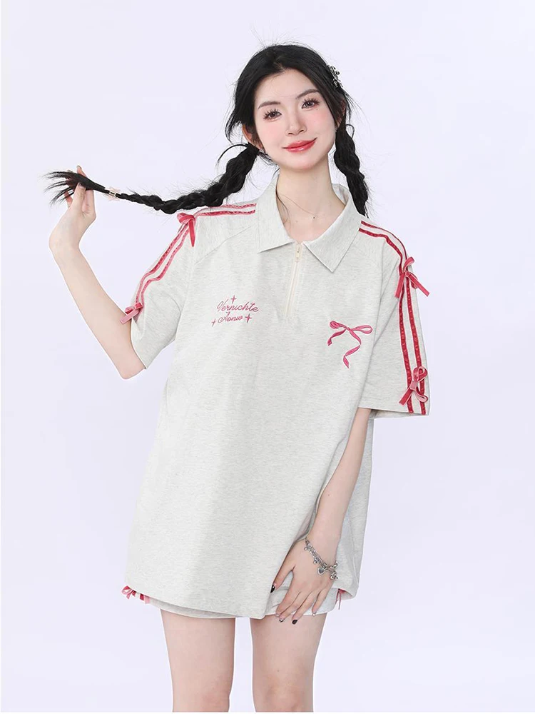 Velvet Bow Embroidered Short Skirt Set Women Korea Summer Loose Polo Collar T Shirt+skirts 2pcs Sets Casual Sweet Sport Suit New