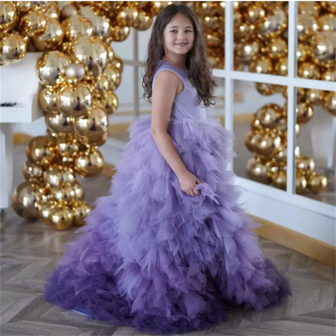 

Customized Flower Girl Dresses Purple Tulle Tiered Sleeveless For Wedding Birthday Prom Banquet Holy Communion