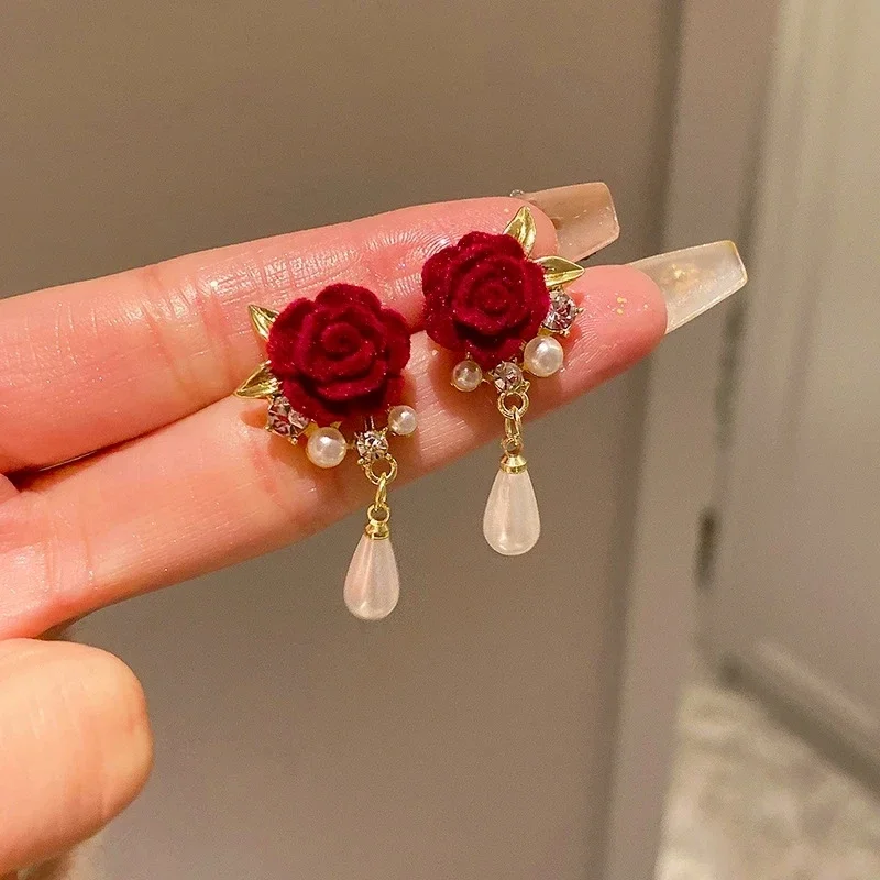 New Romantic Burgundy Velvet Rose Zircon Pearl Pendant Stud Earrings for Women Elegant Charming Temperament Sweet Girls Jewelry