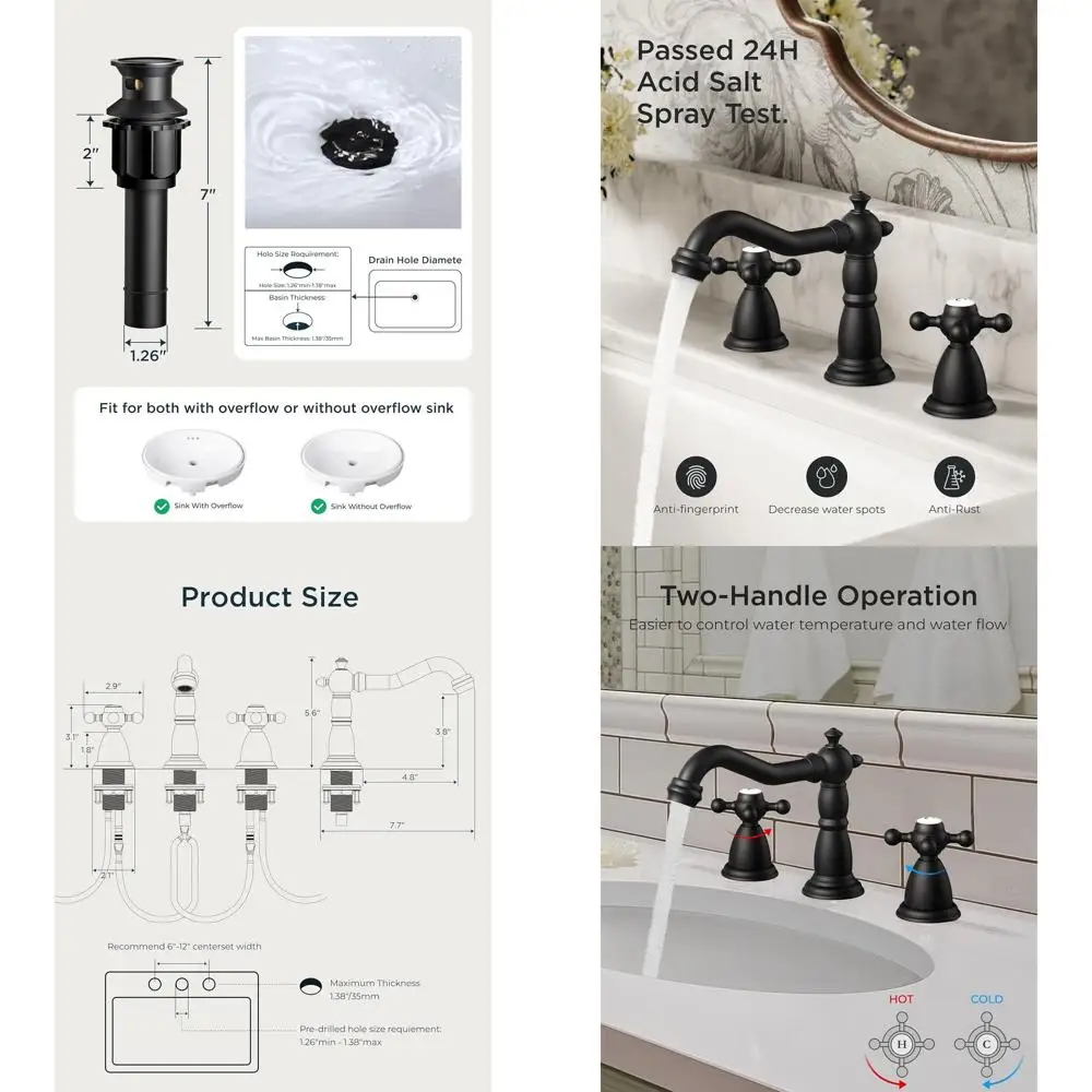 

Vintage 8 Widespread Matte Black Brass Bathroom Faucet with 2 Cross Handles, Metal Pop-Up Drain & Hoses for RV Vanity
