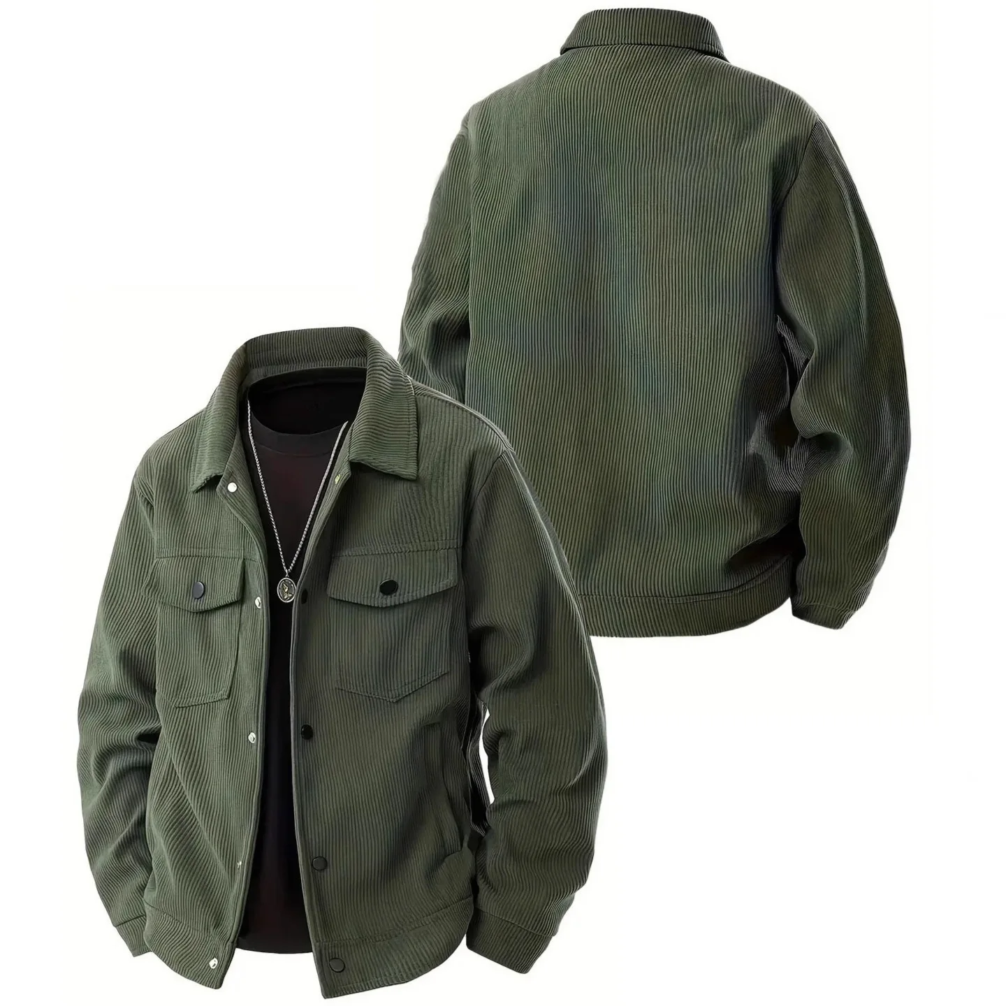Men Corduroy Single Breasted Turn-Down Collar Long Sleeve Shirt Jacket, Casual Fashion Multi-Pocket Outerwear