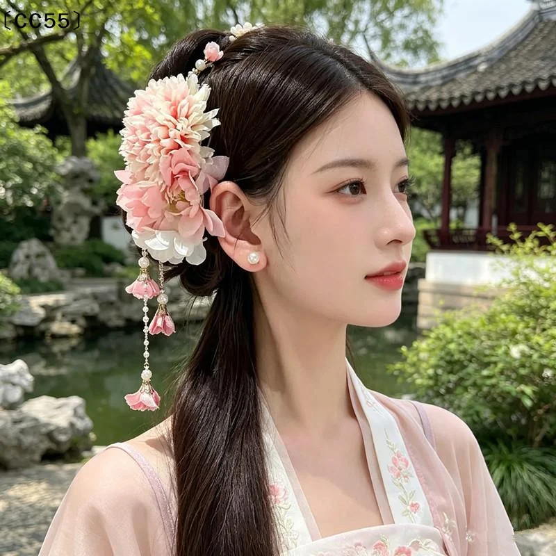 Quasten-Hanfu-Haarschmuck im antiken Stil, bunter chinesischer Stil, Haarspange, Kopfschmuck, Blumen-Haarnadel〔CC55〕