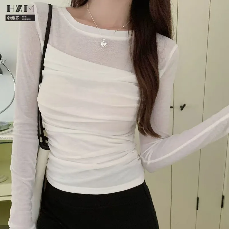 Korean Style Mesh Long Sleeve Top for Women Pleated See Through T-shirt Kpop Cuteore White Korean Popular Clothes Female T Shirt