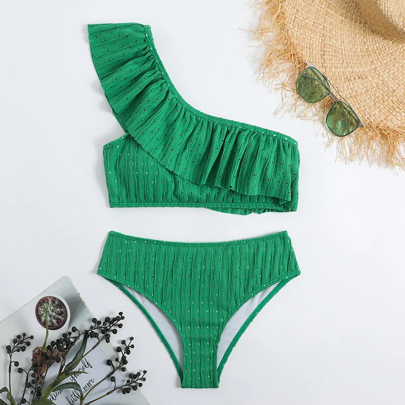 Eine Schulter Rüschen Bikini Set 2025, Frauen Feste Badeanzug Hohe Taille Sexy Bademode Weibliche Bade Schwimmen Anzug Bademode Sommer