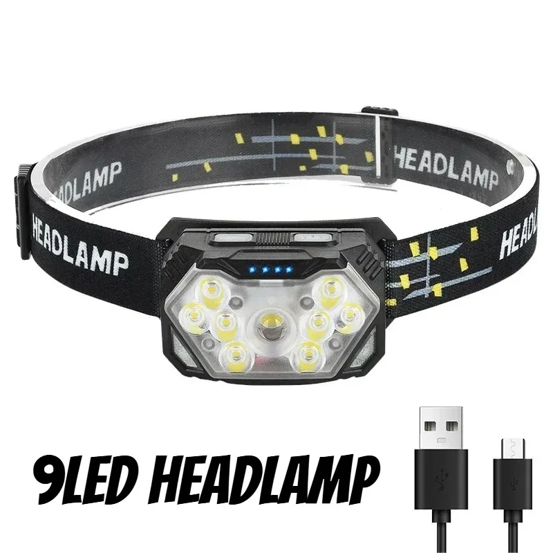 1200mah 9 LED Strong Light Headlamp USB Rechageable Motion Sensor Headlight Portable Fishing Camping Outdoor Head Lamp