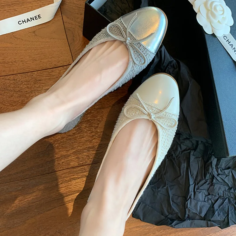 

Chic - Style Bow - Tie Color - Block Flats | Knit Paneled Leather Elegant Daily Ballet Shoes