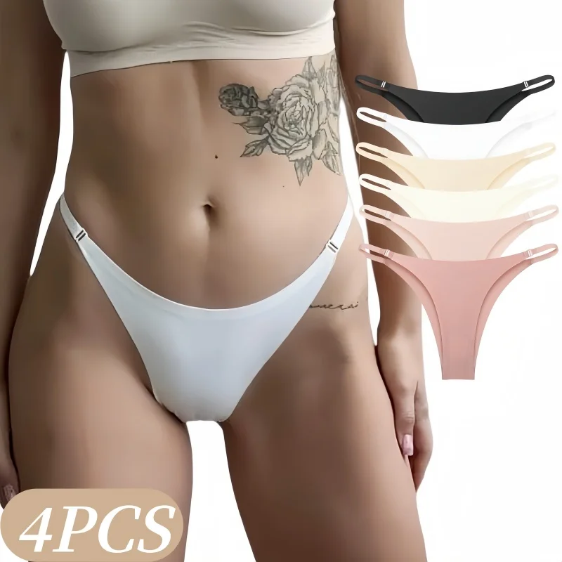 4Pcs/Set Women Ice Silk Brazilian Panties Low Rise Briefs Decorative Side Buckle Sexy Seamless Underwear XS-XL Lingerie