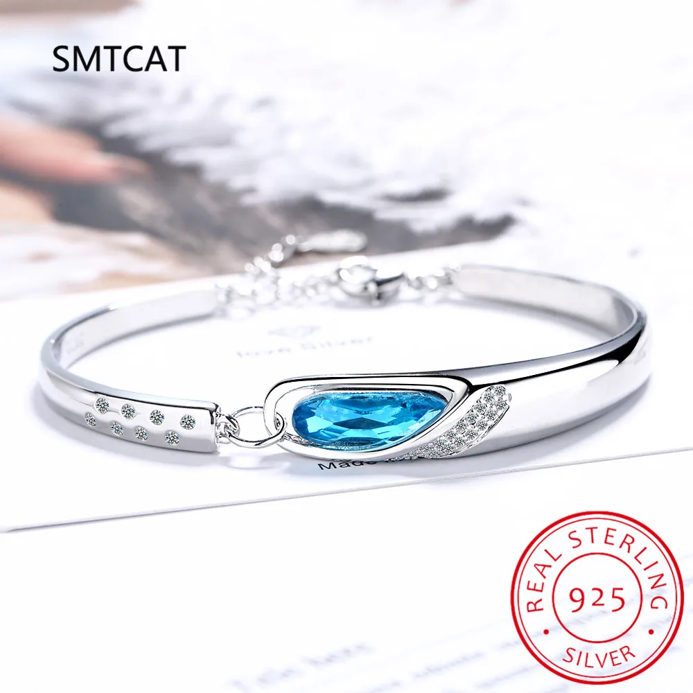 Genuine 925 Sterling Silver Sapphire Bracelets for Women Silver 925 Jewelry Pulseira Feminina Bizuteria Blue Topaz Girls