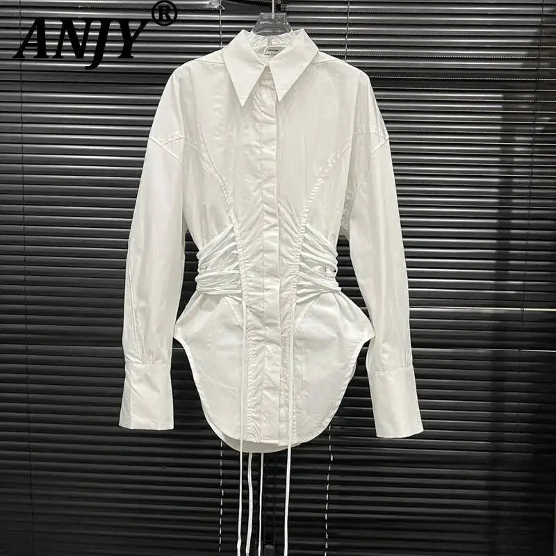 

ANJY Spring Autumn New Women Fashion Waist Cinching Bandage Niche Design Long Sleeve Blouse Trendy High Street Chic Shirt A23567