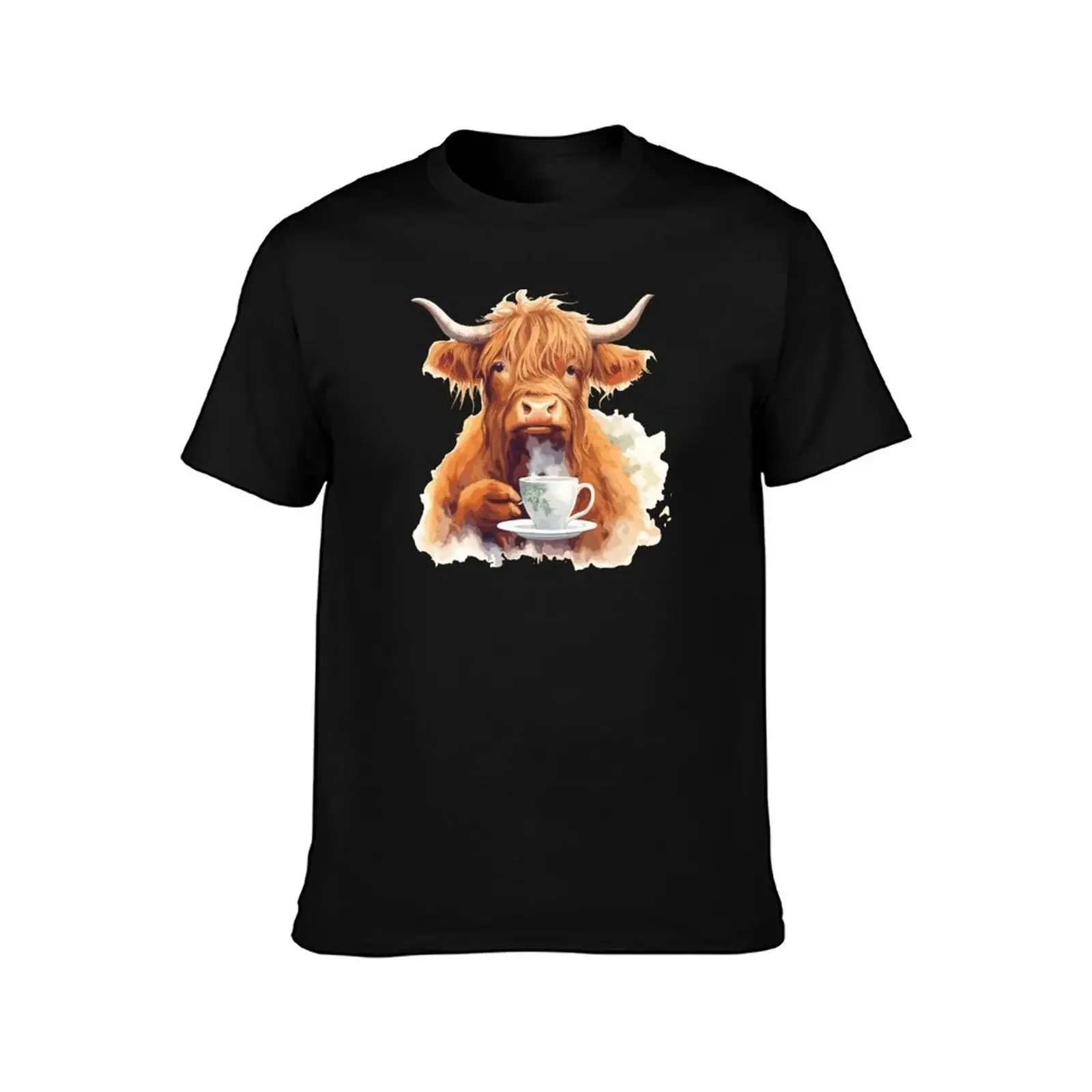 Highland cow drinking English tea T-Shirt basketball graphic tees tshirts personalised mens cotton t shirts