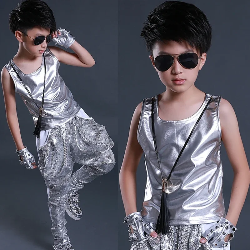 Kids Leather Vest Top Children Street Clothes Child Boys Jazz Dancing Stage Performance Wear Hip Hop Dance Costumes