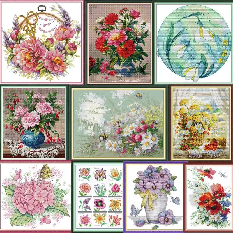 

Flowers HH01-Soulgift Pre-printed Cross Stitch Kit Easy Pattern Aida Stamped Fabric Embroidery Set-Easy to follow-recommended