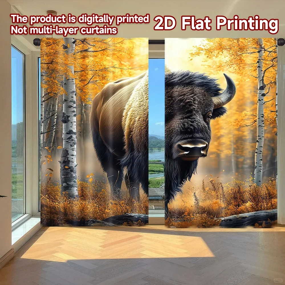 

2D flat printing 2pcs Window Curtains Bison in Autumn Forest Digital Printed Polyester Drapes All Season Party & Holiday Decor