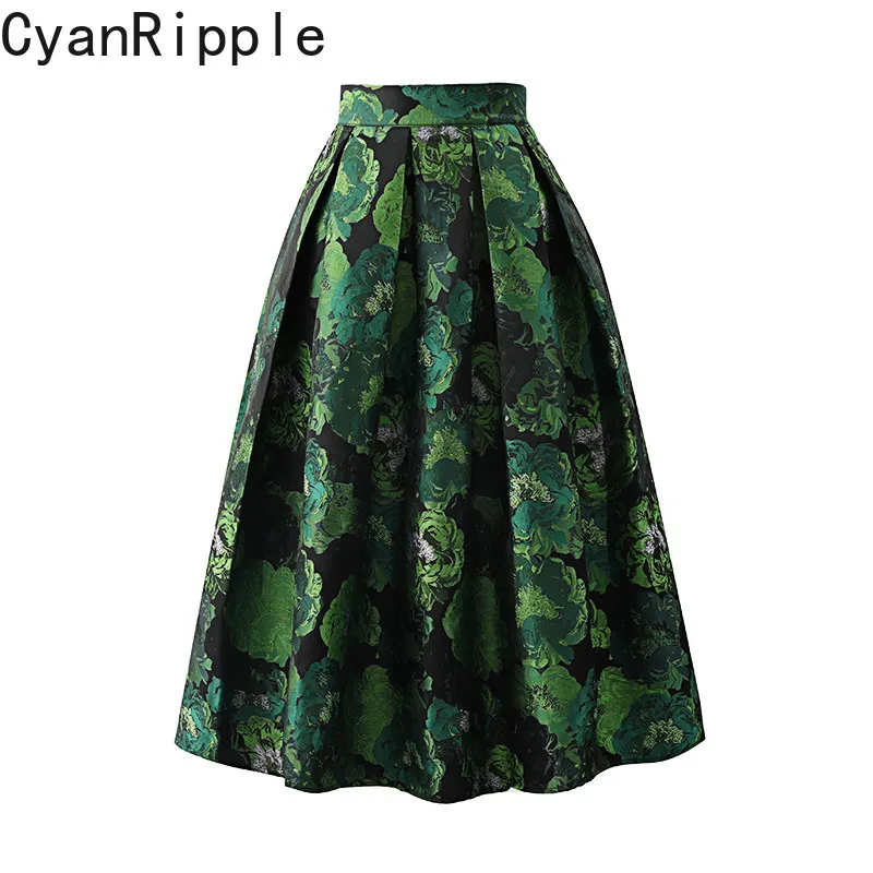 High Quality Elegant Lady Hepburn Style Mid-long Puff Skirt All-match Spring Autumn High Waist Green Jacquard Women A-line Skirt