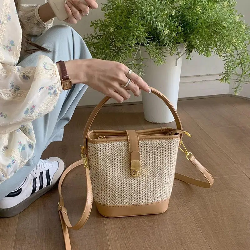 Trsyphxm 2024 novo coreano casual tecido grama saco para as mulheres 2024 novo estilo de férias moda bolsa crossbody saco balde