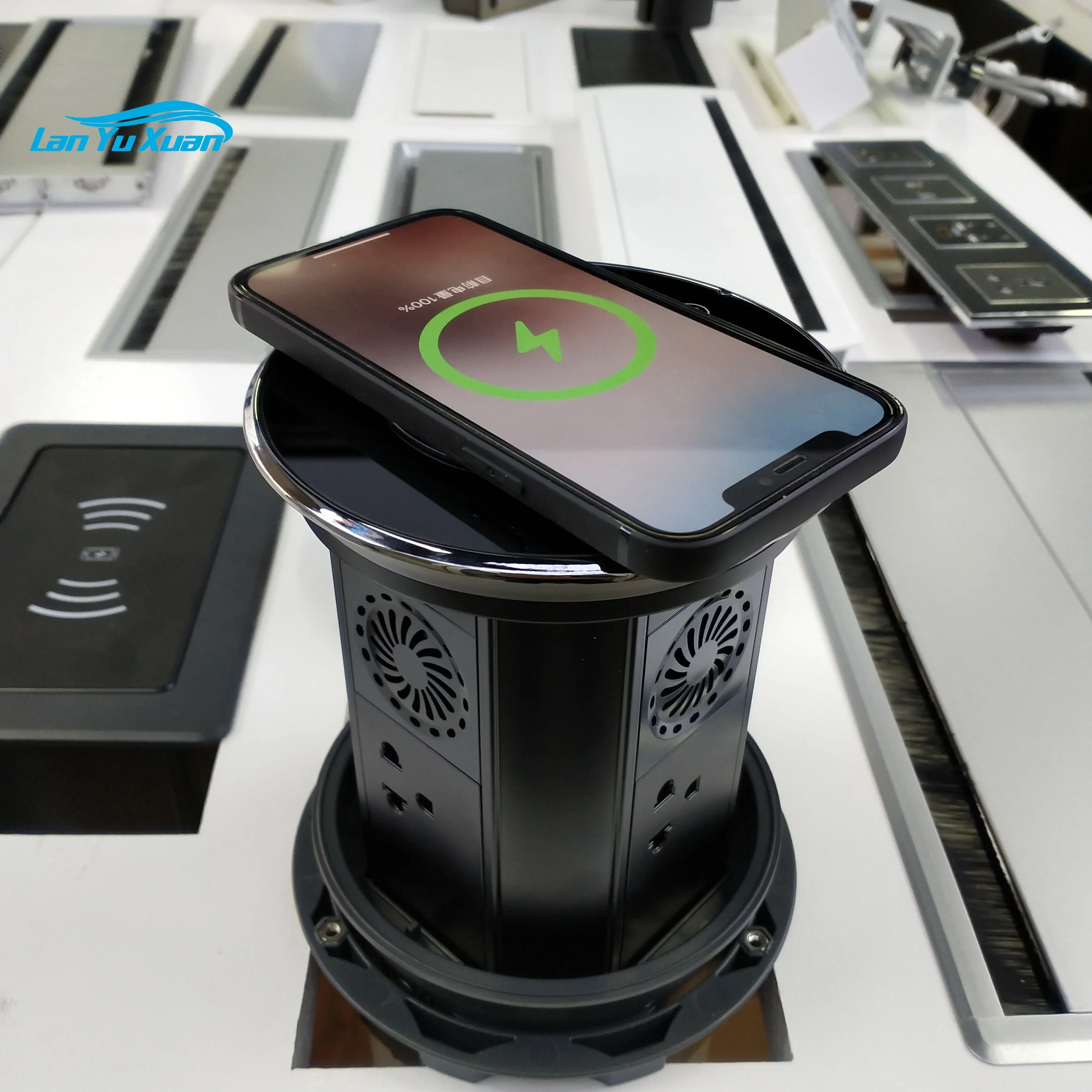 Black US Power IP65 Waterproof Wifi Smart Motorized Kitchen Worktop Tower Pop Up Usb-c Socket with Wireless Charging Speaker