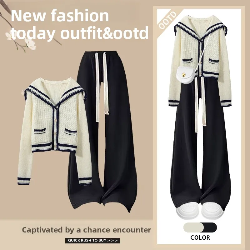 Spring Autumn Korean Style Women's Knitted Sweater And Slimming Casual Pants Two-Piece Set Fashionable Ensemble for Younger Look