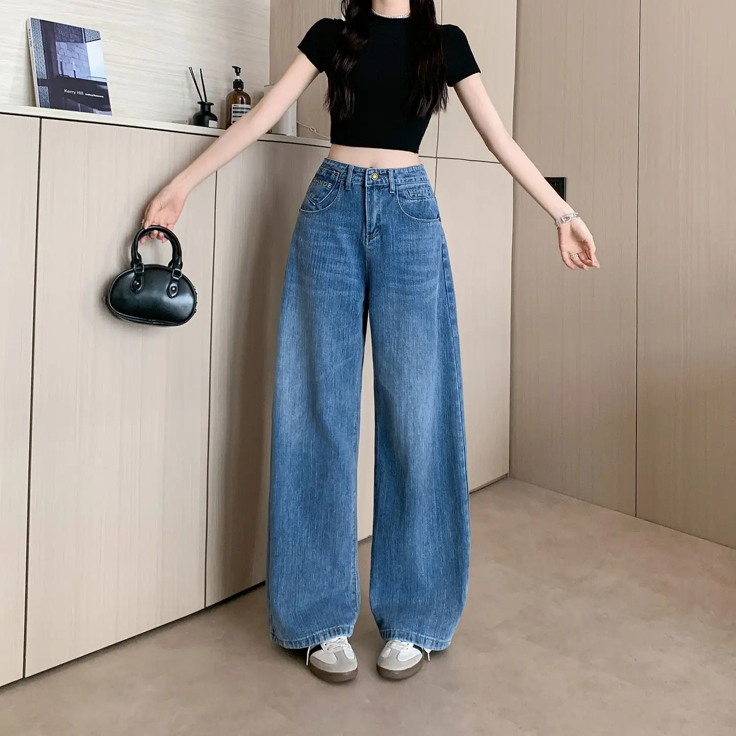 Vertical Stripe Straight Leg Jeans Womens Loose Fit Wide Leg Trousers Slimming Vintage Y2K American Retro Summer Streetwear