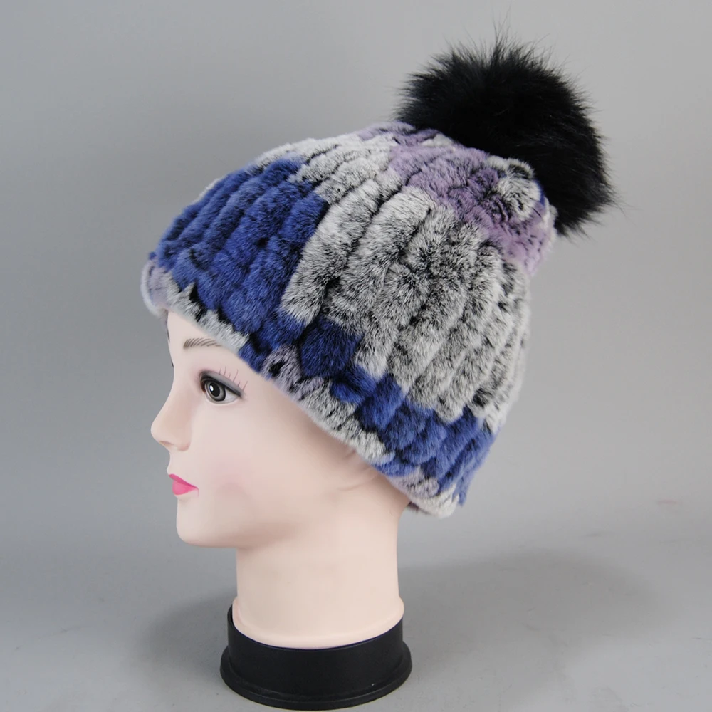 New Winter Natural Real Rex Rabbit Fur Hat Women Elasitc Warm Hand Knitted Real Rex Rabbit Fur Caps Fox Fur Pompoms Beanies Cap