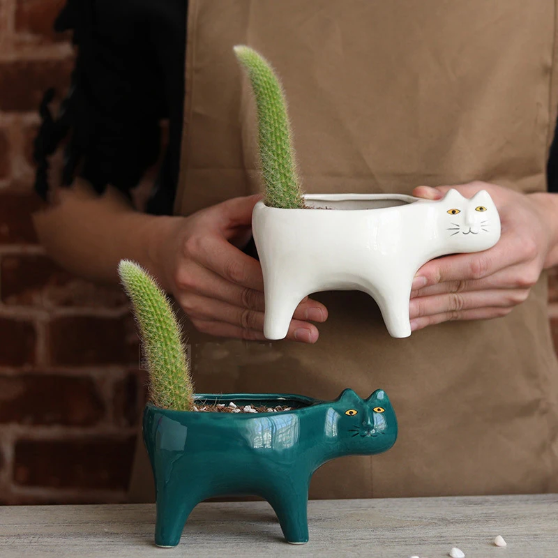 Cute Cat Ceramic Garden Flower Pot Animal Image Cactus Plants Planter Succulent 1pcs