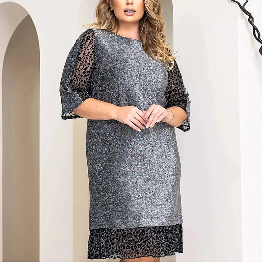 Casual Plus Size Loose Dresses Women 2023 Elegant Half Sleeve Lace Patchwork Midi Dress Big Size Office Lady Dresses Vestidos