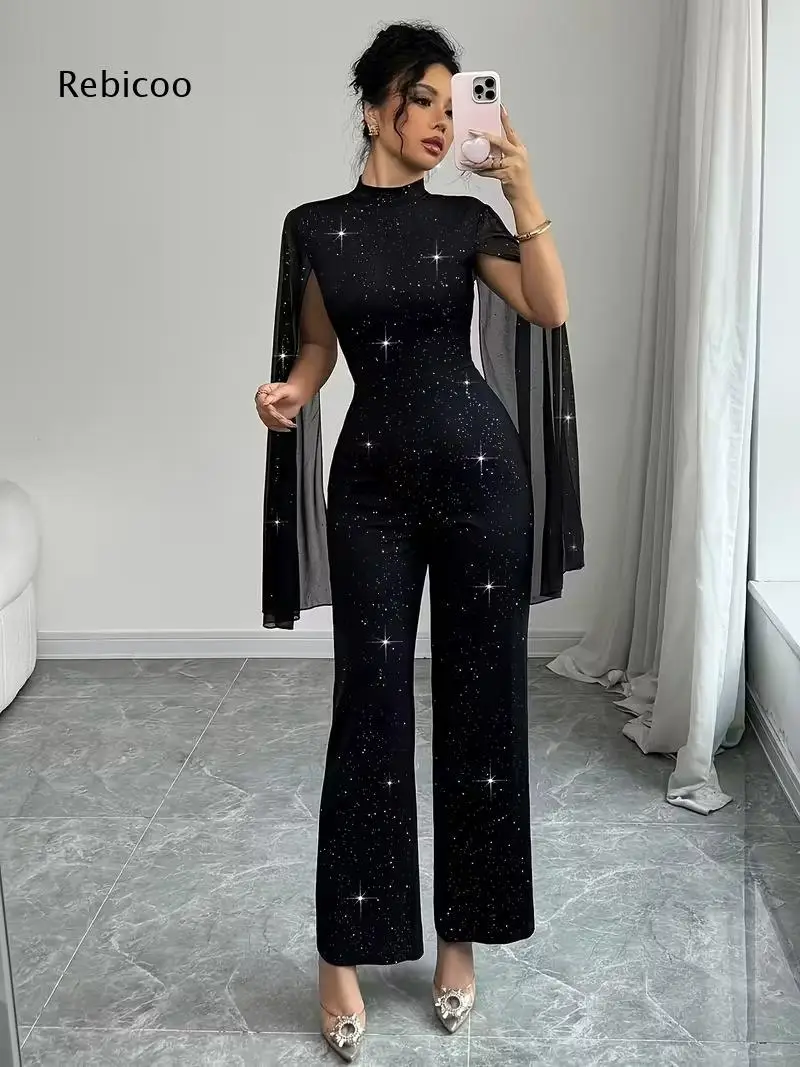 Women Solid Sparkly One Piece Evening Jumpsuit High Neck Cape Sleeve Slim Waist Wide Leg Pant For Dating Night Party Occasions