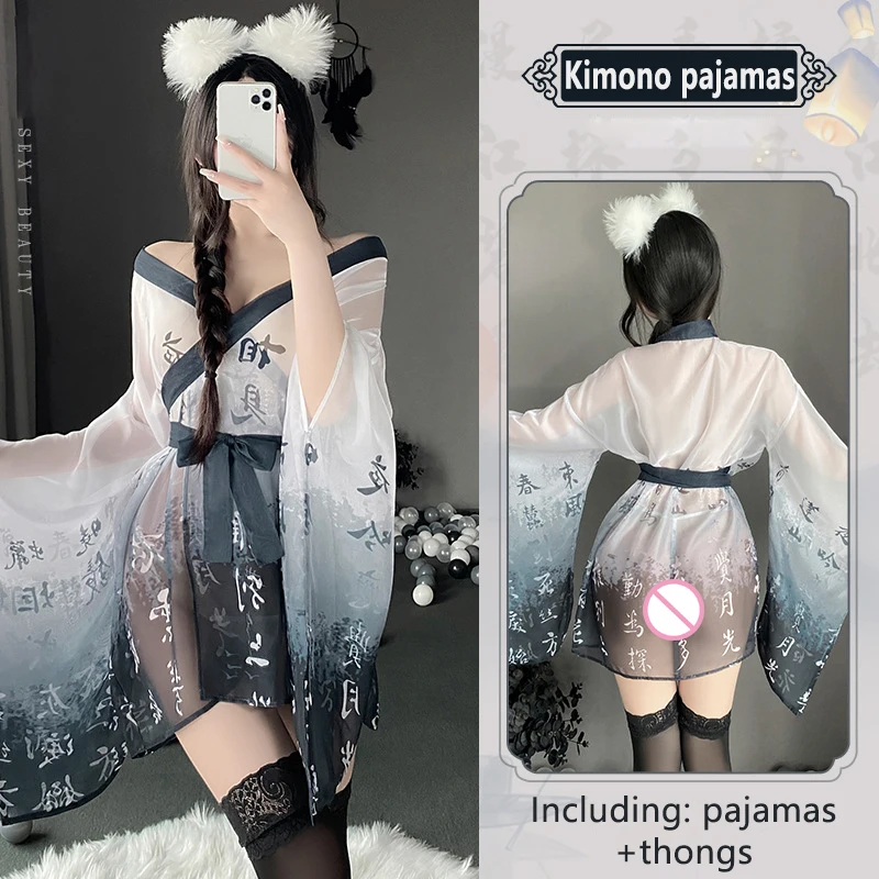 Sexy Women\'s Nightgown Chinese Ink Painting Gauze Ancient Hanfu Uniform Pajamas Ultra Thin Transparent Erotic Kimono Bathrobe