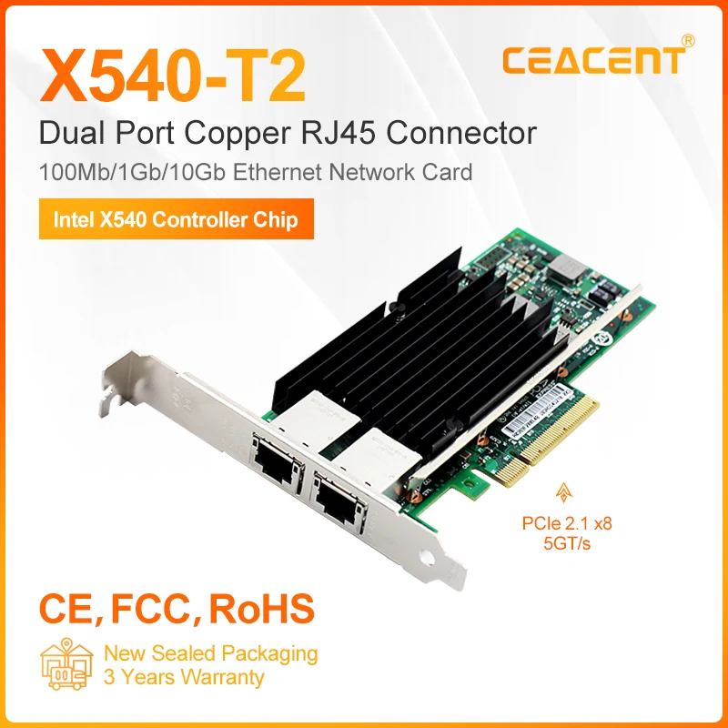 

X540-T2 10G PCIe 2.0 X8 Dual Port RJ45 Connector 10Gbase-T Intel X540 Chipset Ethernet Server Network Card Low+High Brackets