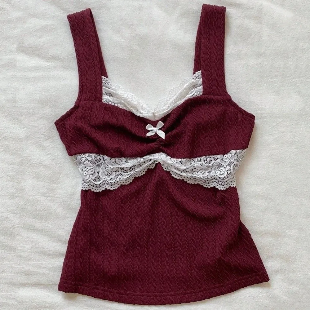 Cute Sweet Bow Decoration Camisole Slim Fit Patchwork Lace Splicing Vest Sleeveless Y2K Crop Top Versatile Top
