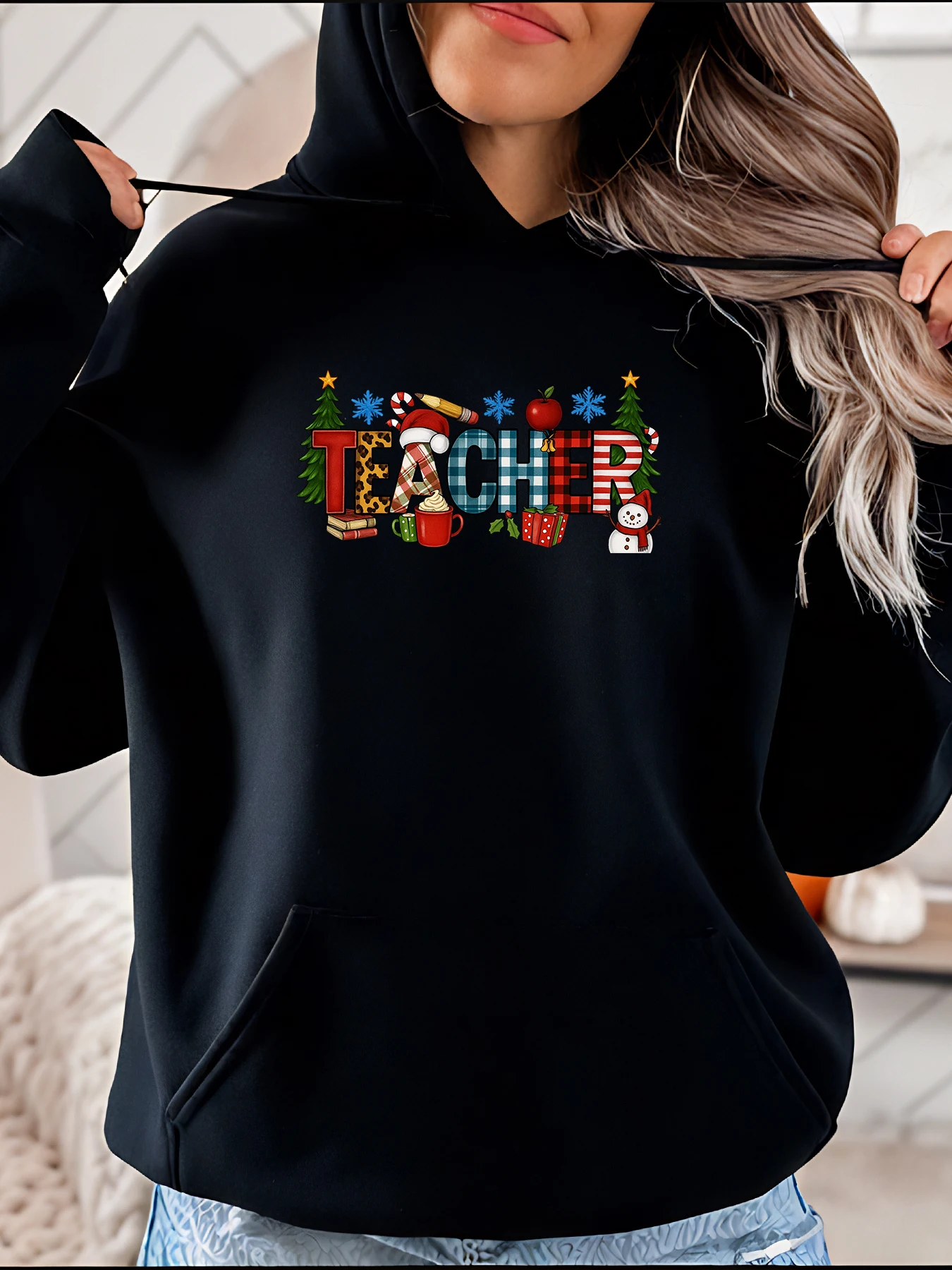 Sweat à capuche imprimé professeur de noël, Style décontracté avec éléments de vacances, livres, tasse, bonhomme de neige et arbres pour femmes, vêtements d'hiver