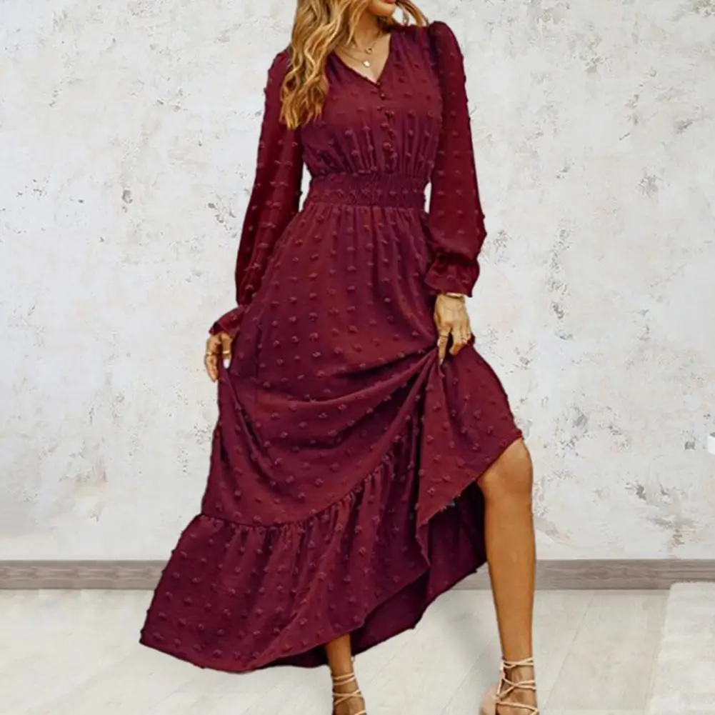 

Women Spring Fall Dress V Neck Elastic Tight Waist Patchwork A-line Dot Applique Ruffle Loose Hem Ankle Length Long Dress