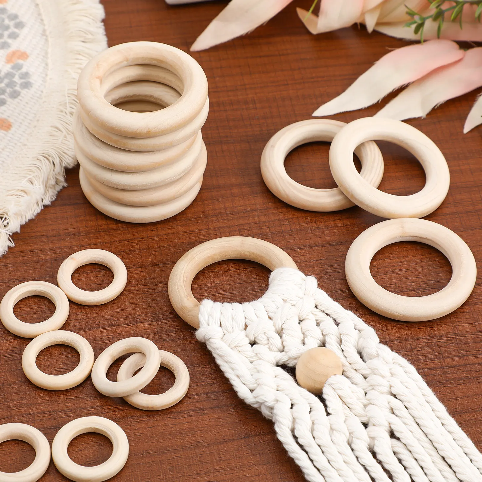 40Pcs Unfinished Wooden Rings Set Smooth Sanded Solid Wood Craft Hoops for Jewelry Making Macrame DIY Pendant Wreath Curtain