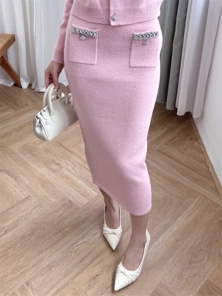 New 2024 Women Skirt Autumn/Winter A-line Solid Diamond Slim High-street Fashion Office-lady Hotsweet Luxury Temperament