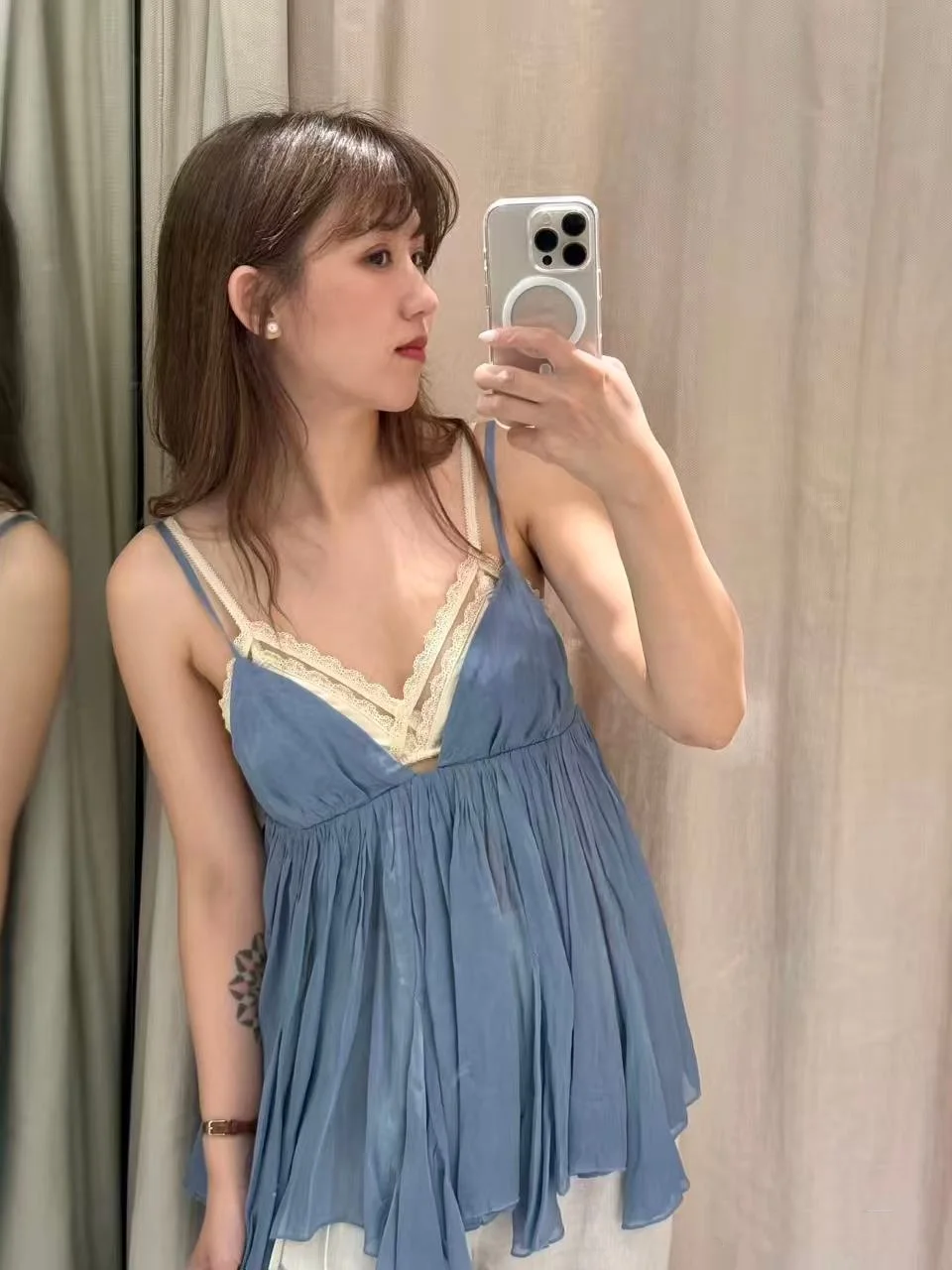 Summer 2026 New Arrival Women's Vintage Loose V-Neck Semi-Transparent Drapey Strap Top Casual Style Polyester Fiber Outerwear