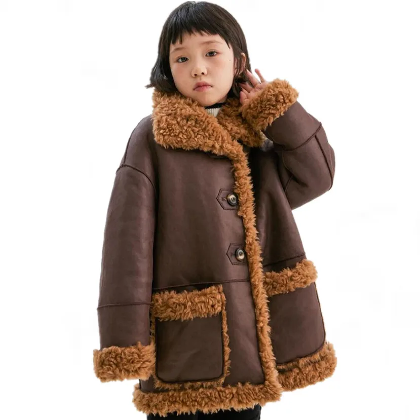 Boys' and Girls' Winter Fur Jacket New Children's 100% Wool With PU Leather Thicker Warm  Fur for Children's Clothing Coat A4228